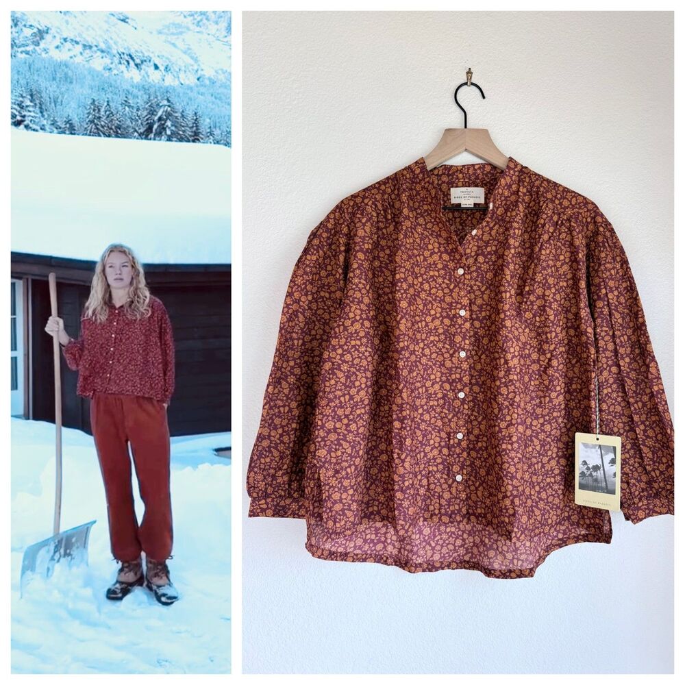 NEW Trovata Birds of Paradis Lilly Buttondown Blouse Vinery Floral Merlot Orange